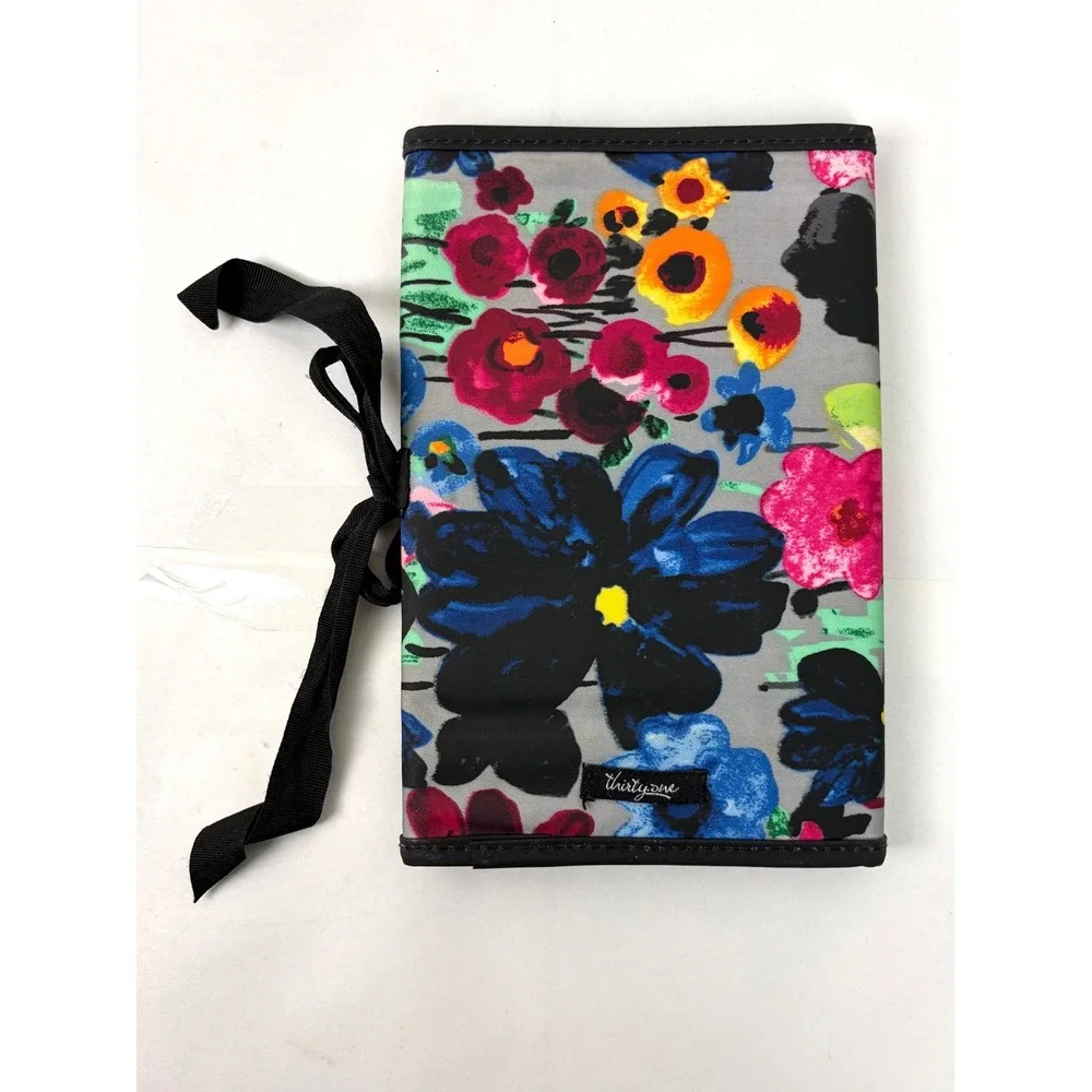 Thirty One Jewelry Travel Organizer Makeup Gray Floral Ribbon Tie Portable Wrap